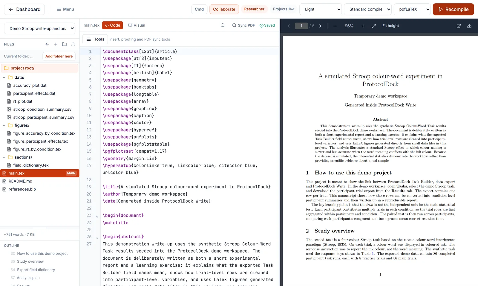 ProtocolDock Write: a project file browser, LaTeX source editor and compiled research manuscript side by side.