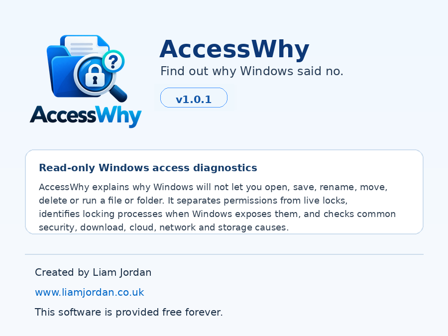 AccessWhy branding and read-only Windows diagnostics description