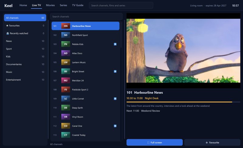 Live TV: categories with counts, channel list with numbers and logos, preview and now and next